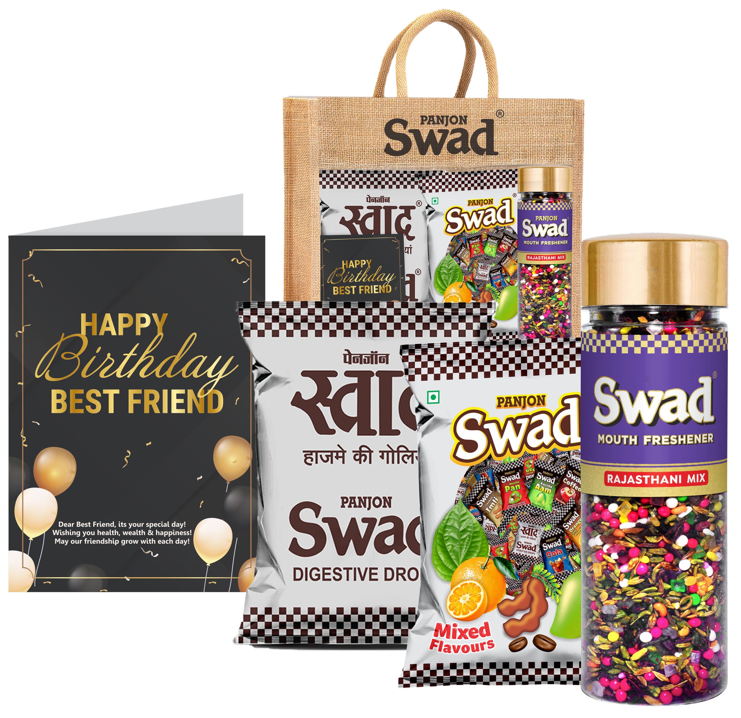 Swad Happy Birthday Best Friend Gift with Card (25 Swad Candy, 25 Mixed Toffee, Rajasthani Mix Mukhwas) in Jute Bag