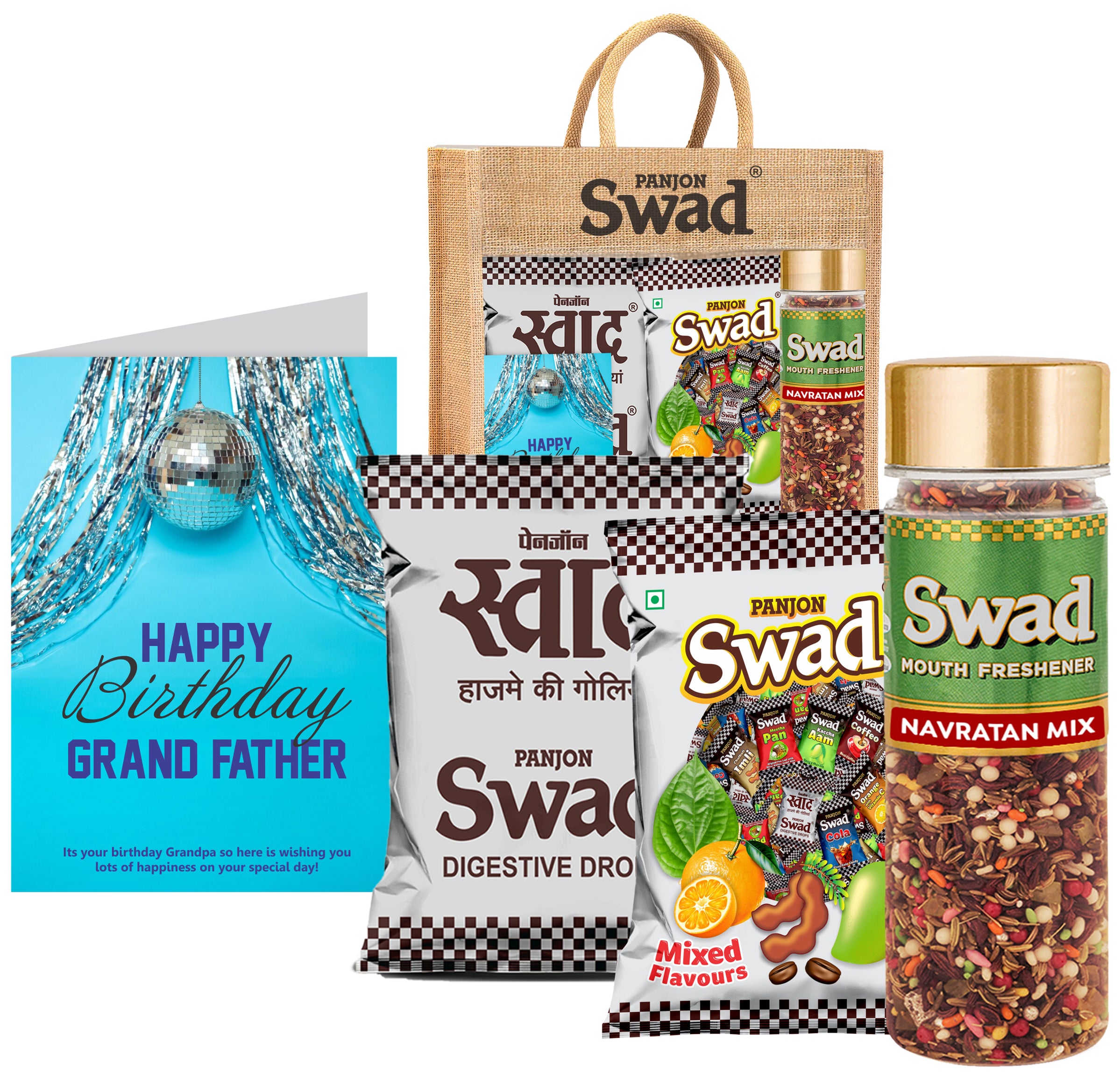 Swad Happy Birthday Dada Grand Dad Gift with Card (25 Swad Candy, 25 Mixed Toffee, Navratan Mix Mukhwas) in Jute Bag