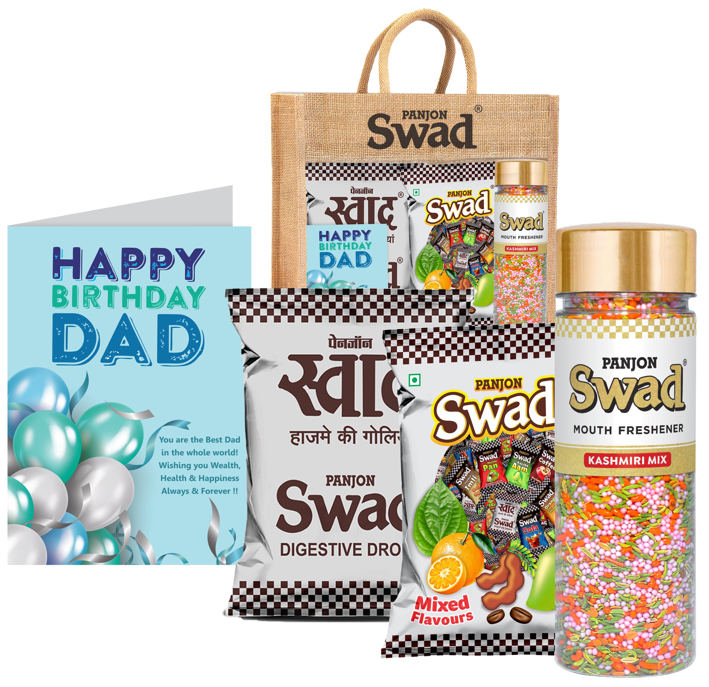 Swad Happy Birthday Dad Papa Father Gift with Card (25 Swad Candy, 25 Mixed Toffee, Kashmiri Mix Mukhwas) in Jute Bag
