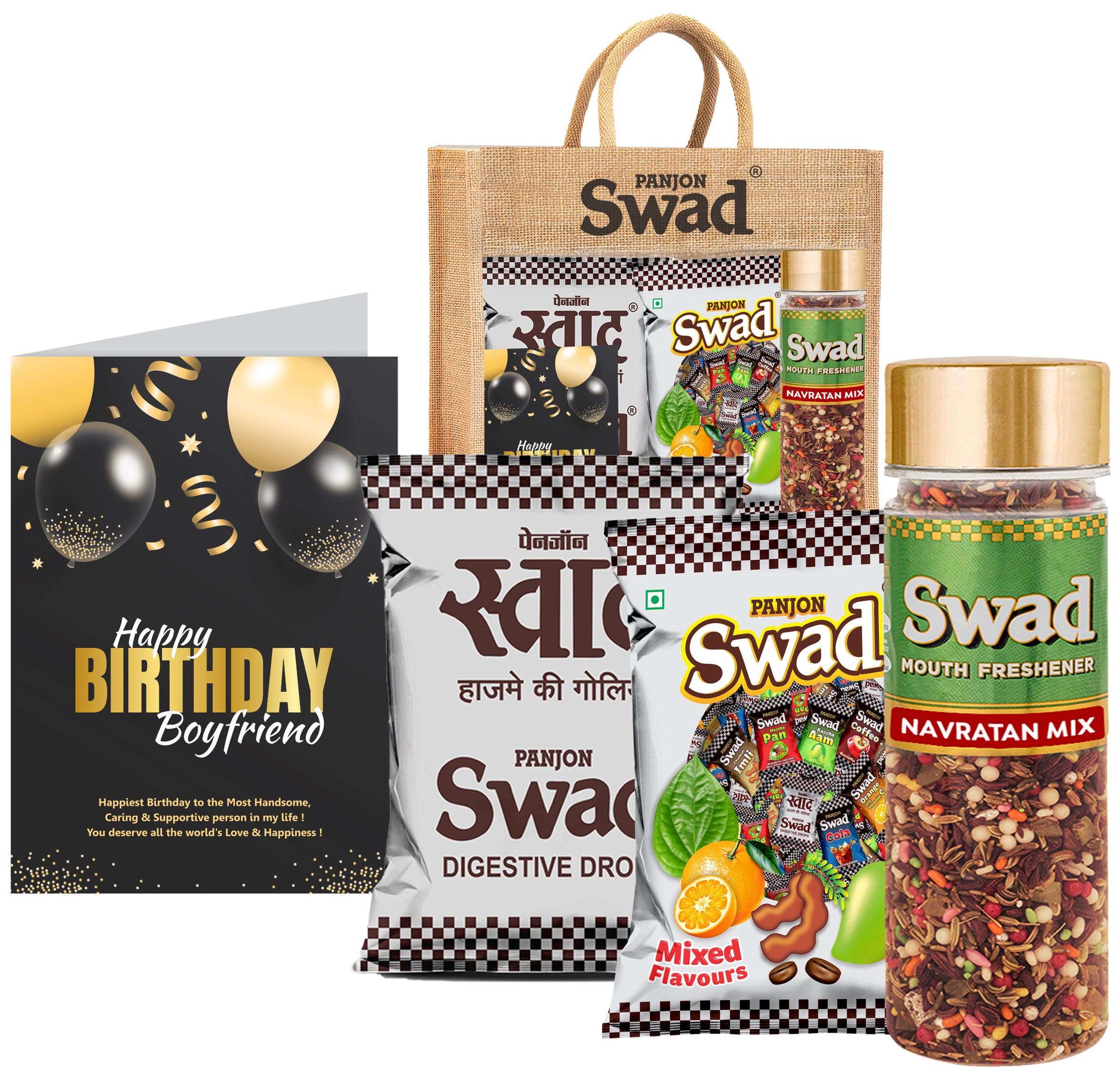 Swad Happy Birthday Boy friend Gift with Card (25 Swad Candy, 25 Mixed Toffee, Navratan Mix Mukhwas) in Jute Bag