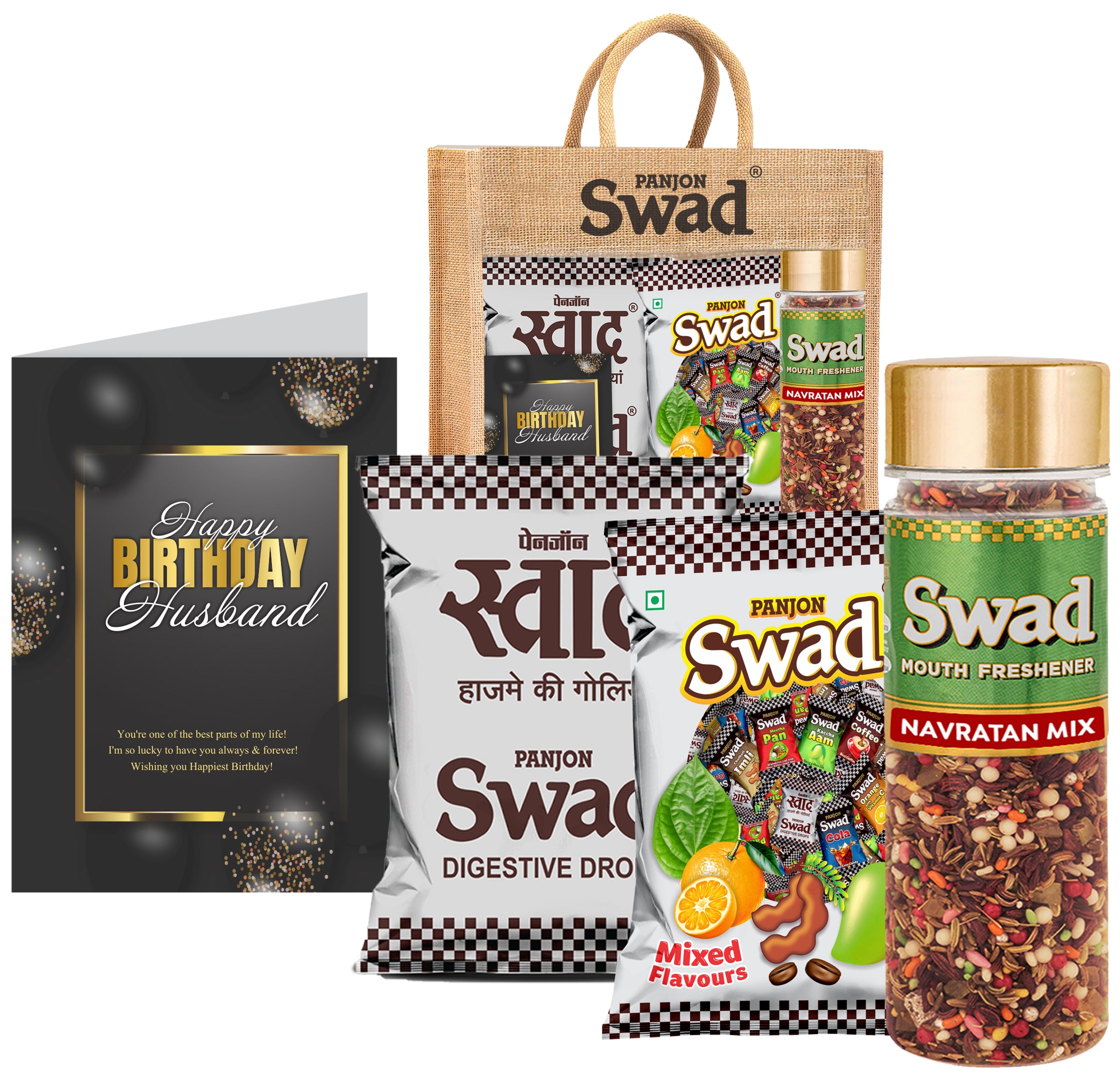 Swad Happy Birthday Husband Gift with Card (25 Swad Candy, 25 Mixed Toffee, Navratan Mix Mukhwas) in Jute Bag