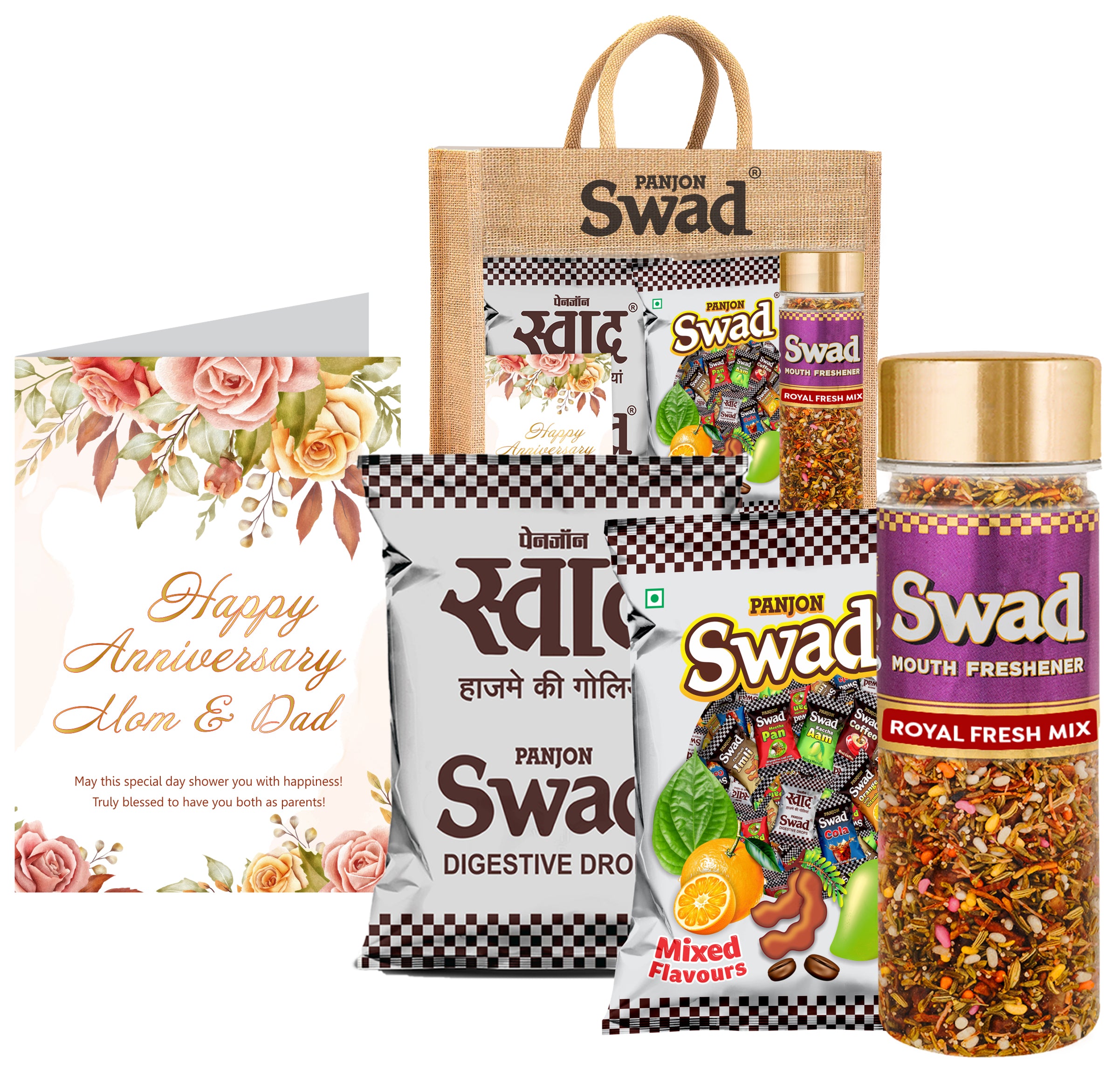 Swad Happy Anniversary Mom Dad Parents Gift with Card (25 Swad Candy, 25 Mixed Toffee, Royal Fresh Mix Mukhwas) in Jute Bag