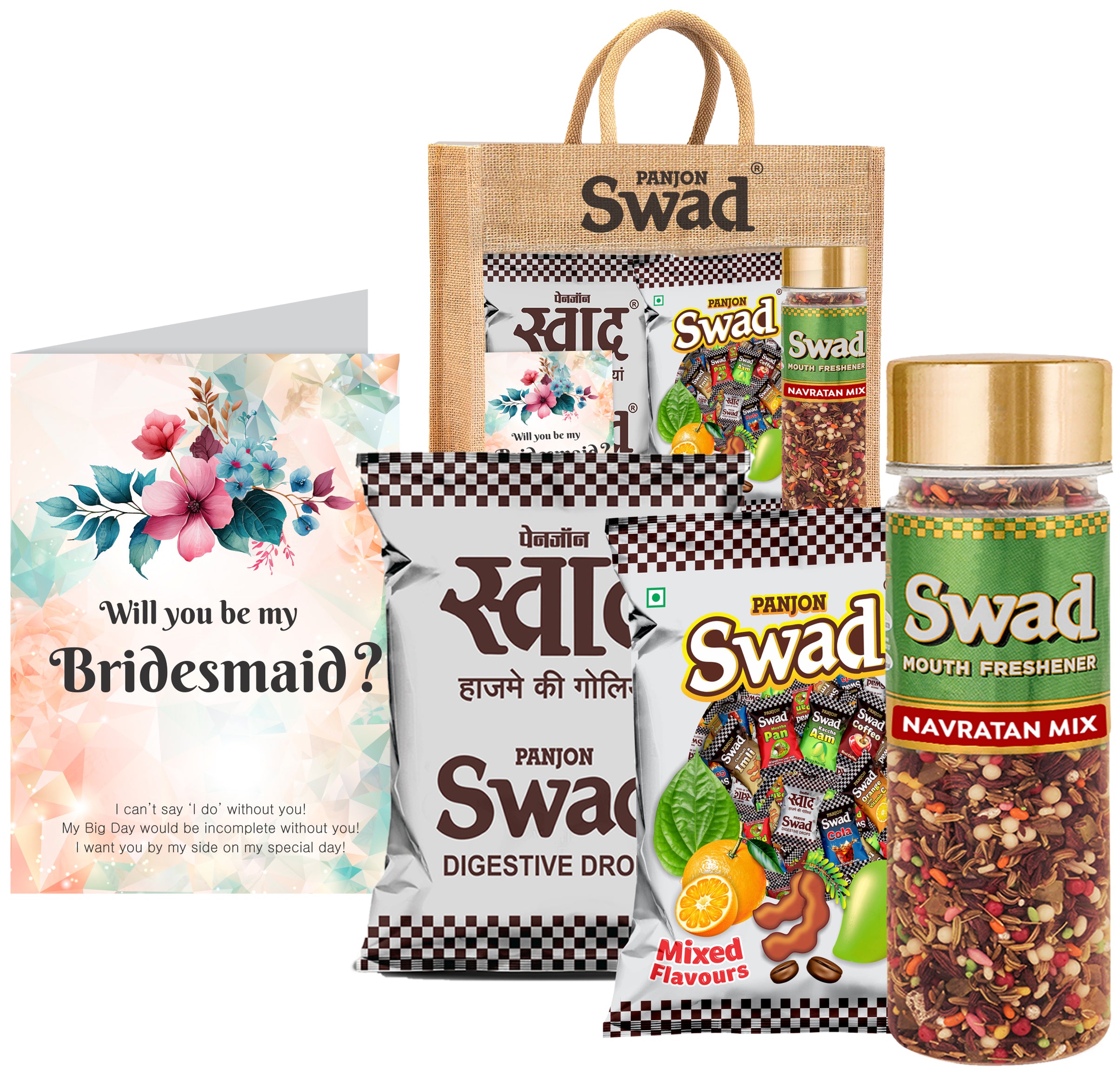 Swad Bridesmaid gift hamper with Card (25 Swad Candy, 25 Mixed Toffee, Navratan Mix Mukhwas) in Jute Bag
