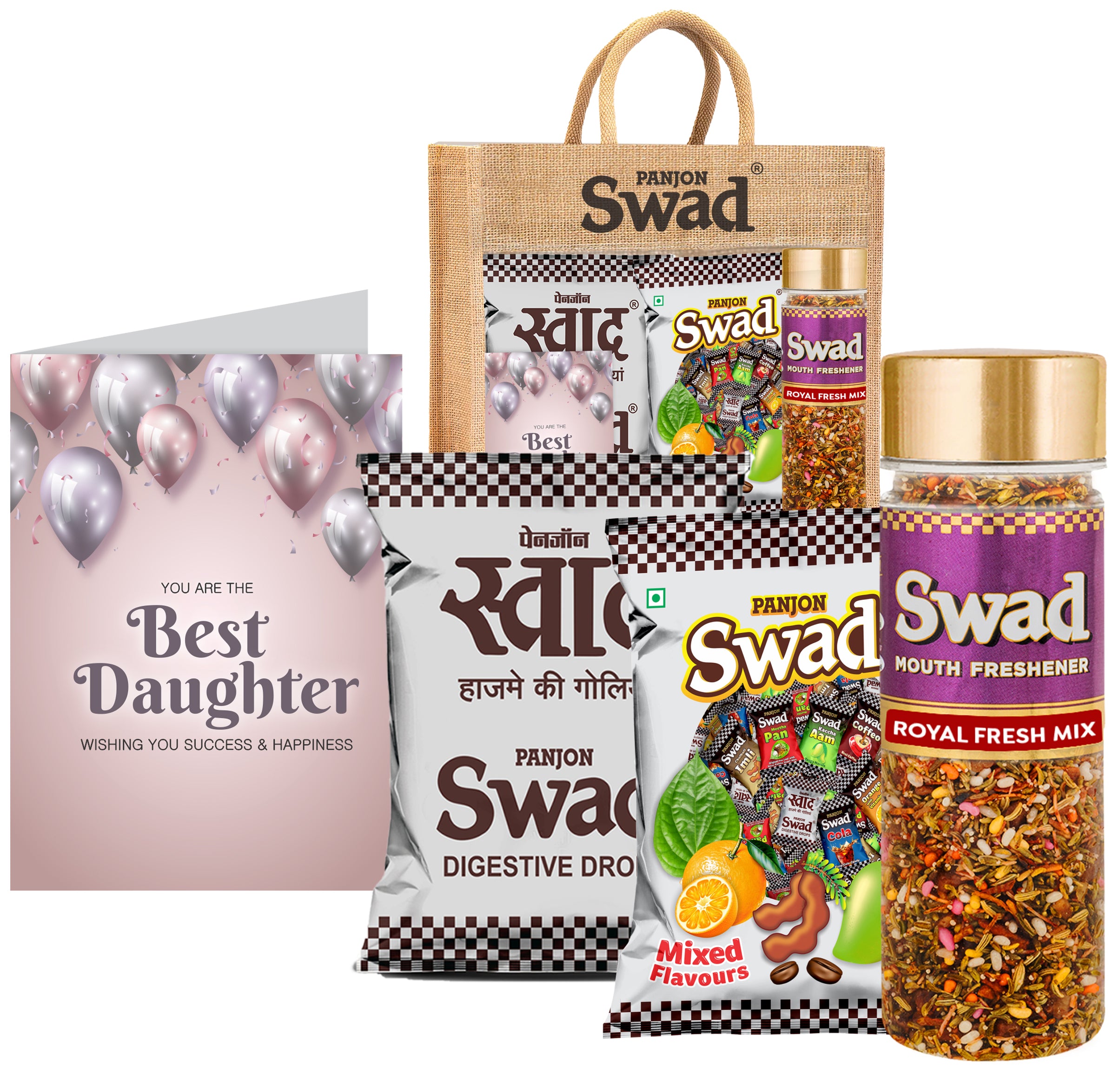 Swad Best Daughter Gift with Card (25 Swad Candy, 25 Mixed Toffee, Royal Fresh Mix Mukhwas) in Jute Bag