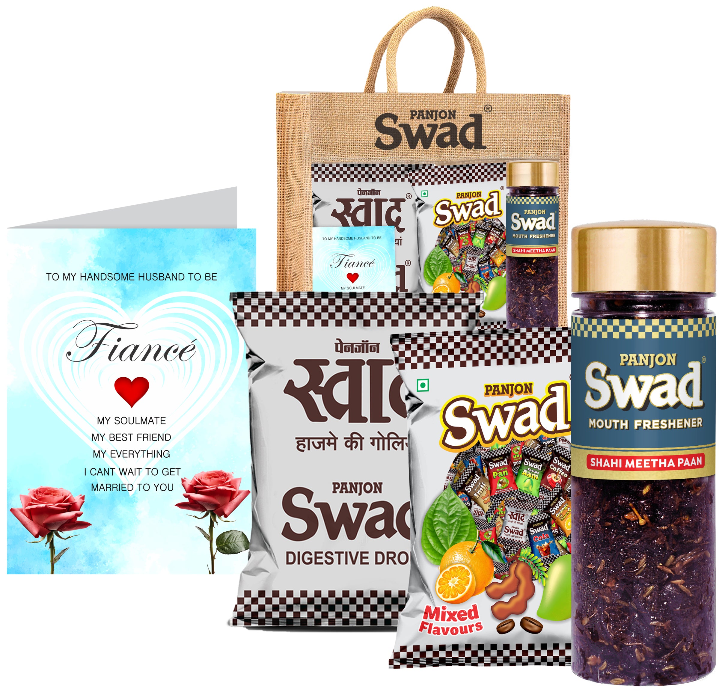 Swad Gift for Fiance male/Husband to be with Card (25 Swad Candy, 25 Mixed Toffee, Shahi Meetha Paan Mix Mukhwas) in Jute Bag