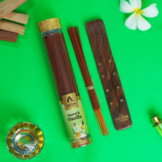 The Aroma Factory Vanilla & Santal Incense Stick (0% Charcoal 0% Sulphates) Organic & Herbal Agarbatti Bottle Pack, 100G