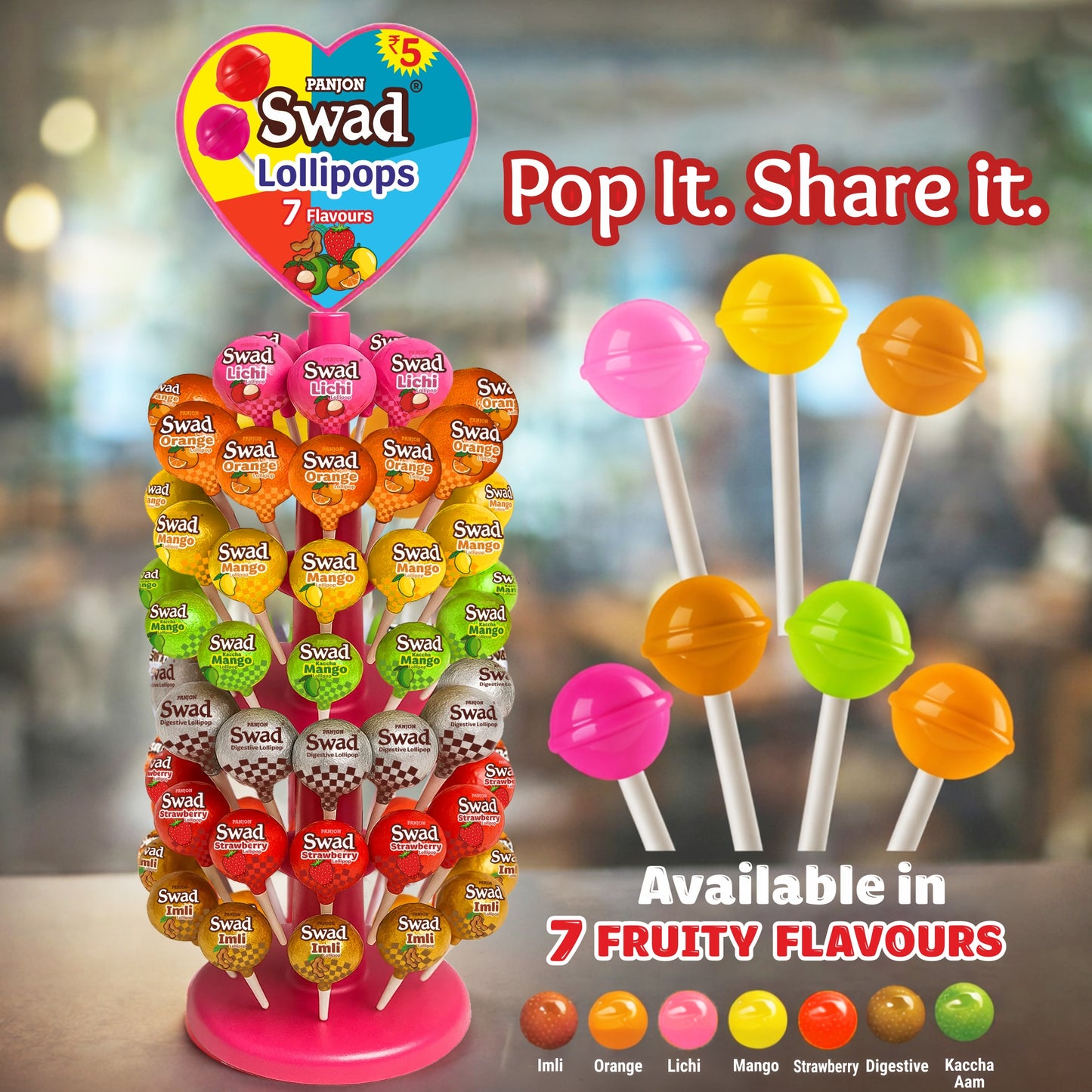 Swad 7 Fruit Flavoured Lollipops – 147 Pieces | Litchi, Strawberry, Mango, Orange, Kaccha Mango, Imli & Digestive | Candy Dispenser Tree Pack, Birthday Party Favors, Kids Return Gifts & Festive Treats