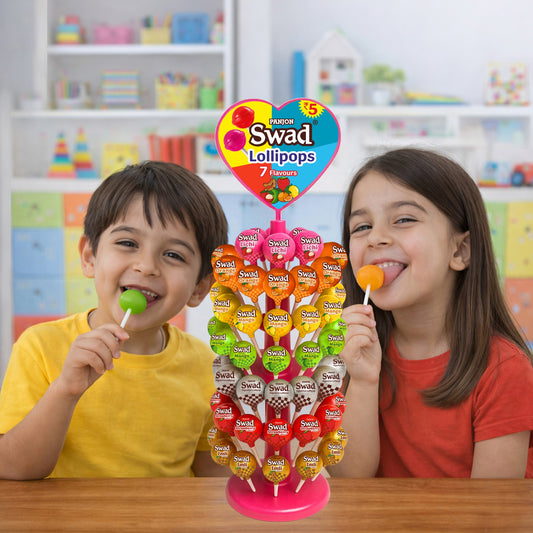 Swad 7 Fruit Flavoured Lollipops – 147 Pieces | Litchi, Strawberry, Mango, Orange, Kaccha Mango, Imli & Digestive | Candy Dispenser Tree Pack, Birthday Party Favors, Kids Return Gifts & Festive Treats