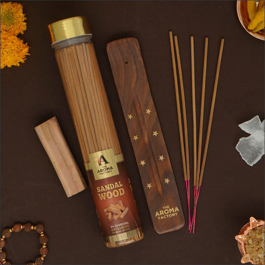 The Aroma Factory Sandalwood Incense Stick (0% Charcoal 0% Sulphates) Organic & Herbal Chandan Agarbatti Bottle Pack, 100G