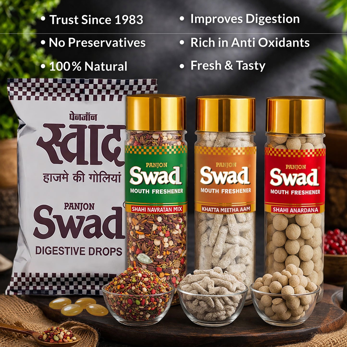 Swad Digestive Candy Pouch (25pcs) Navaratan Mukhwas, Khatta Meetha Aam Papad & Anardana Goli Mouth Freshener, 4 units