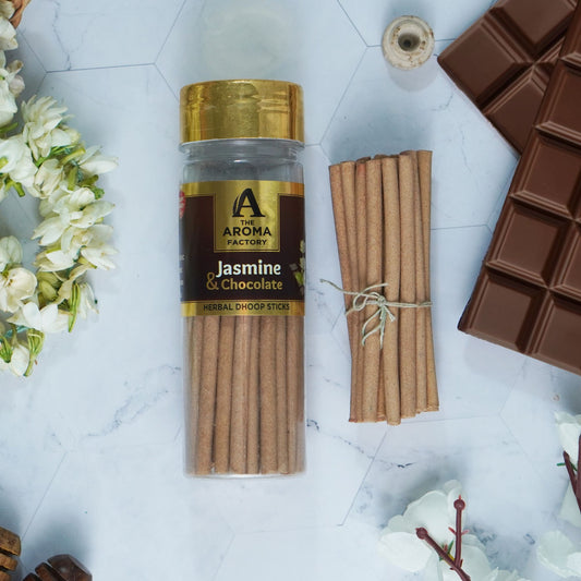 The Aroma Factory Jasmine & Chocolate Dhoop Stick (0% Charcoal 0% Suphates) Herbal Incense Dhoopbatti Bottle Pack, 100 g