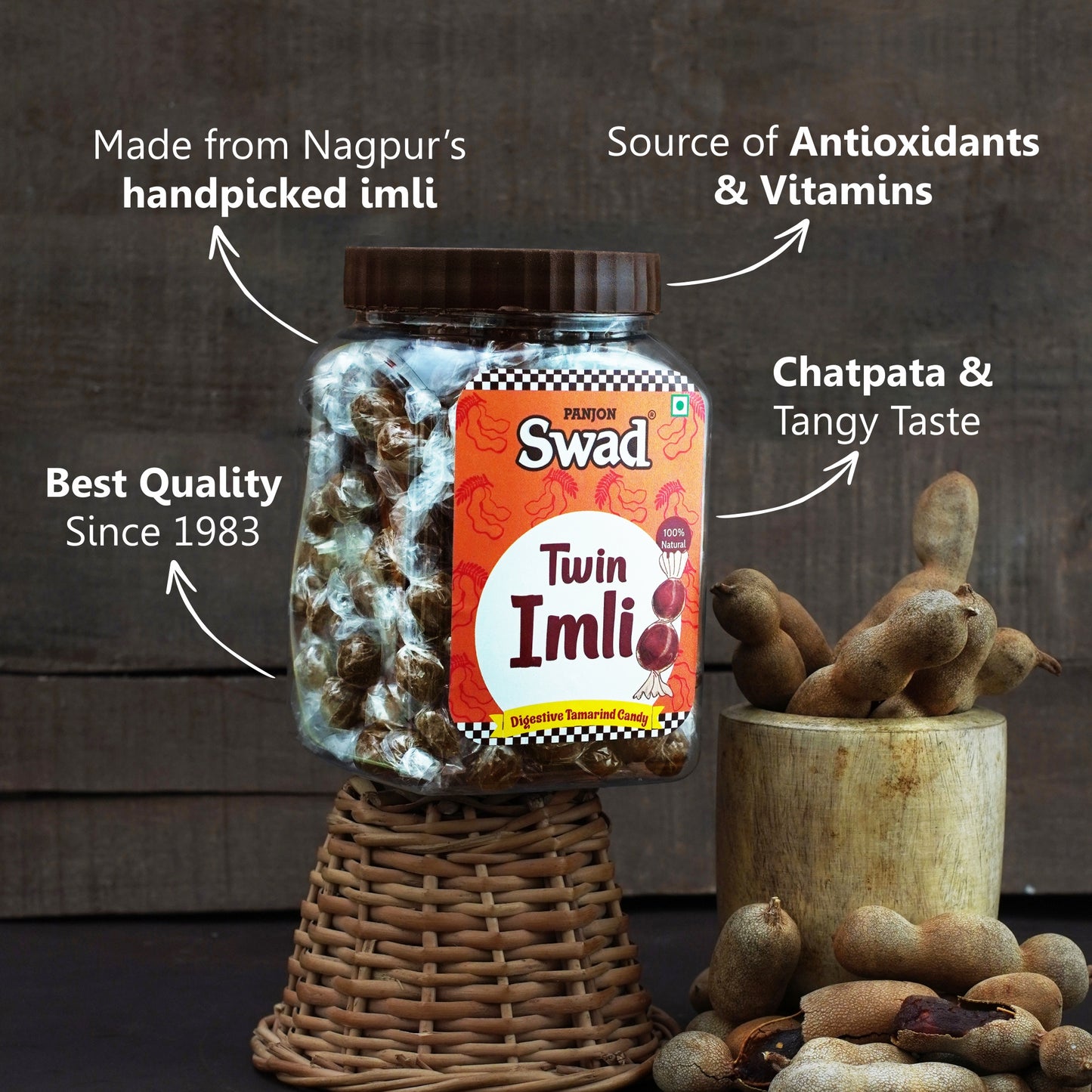 Swad Twin Imli Candy, Khatti Meethi Imly, Chulbuli Tamarind Twist Toffee, 380g Jar