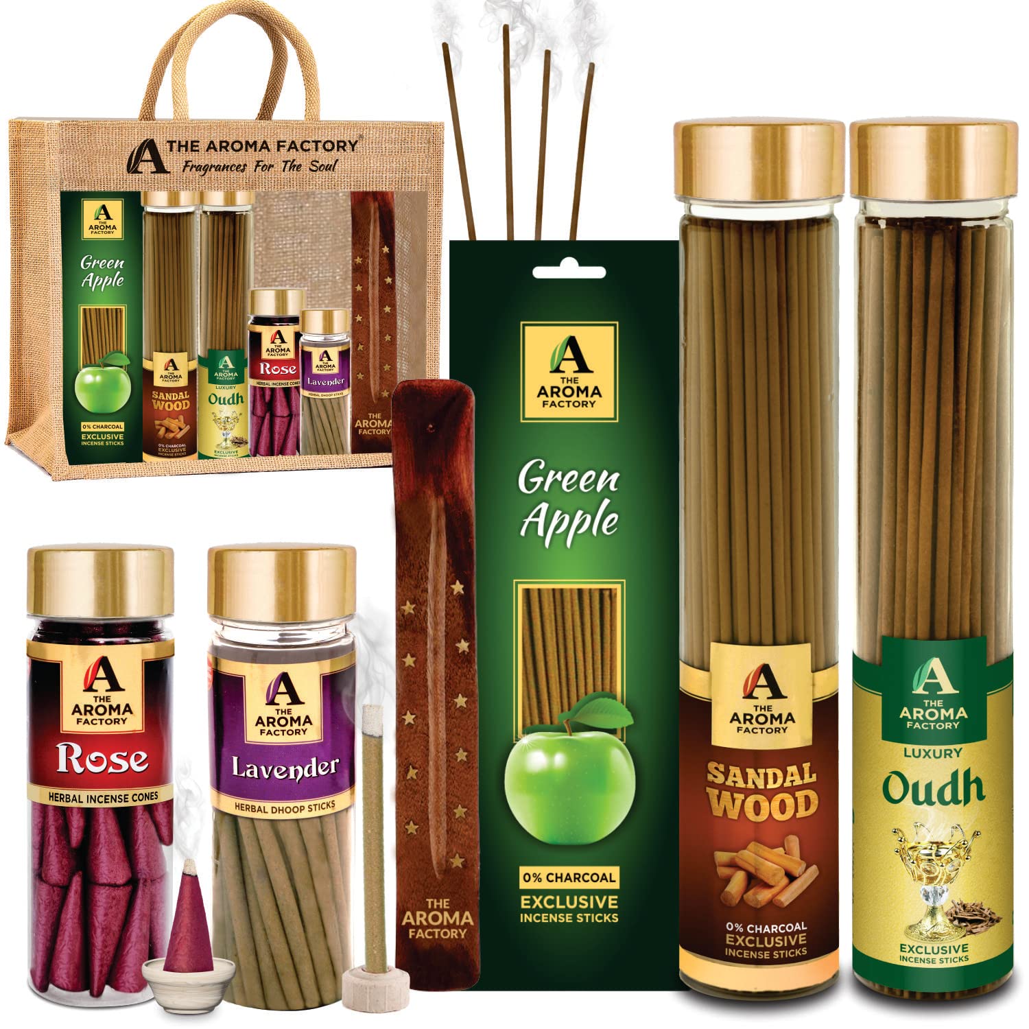 The Aroma Factory Aromatic Giftpack( Sandalwood & Oudh Agarbatti, Lavender Dhoopbatti, Rose Dhoopcone, Greenapple 30 Sticks) with Jute Bag No Charcoal, 100% Organic Incense (Aromatic)