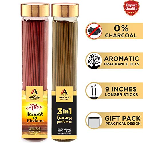 The Aroma Factory 3 -in-1 Long Lasting Mesmerizing Scent Incense Sticks Attar Jannat Ul Firdaus Luxury Perfume Agarbatti - Pack of 2 x 100 (Made Without Using Charcoal)
