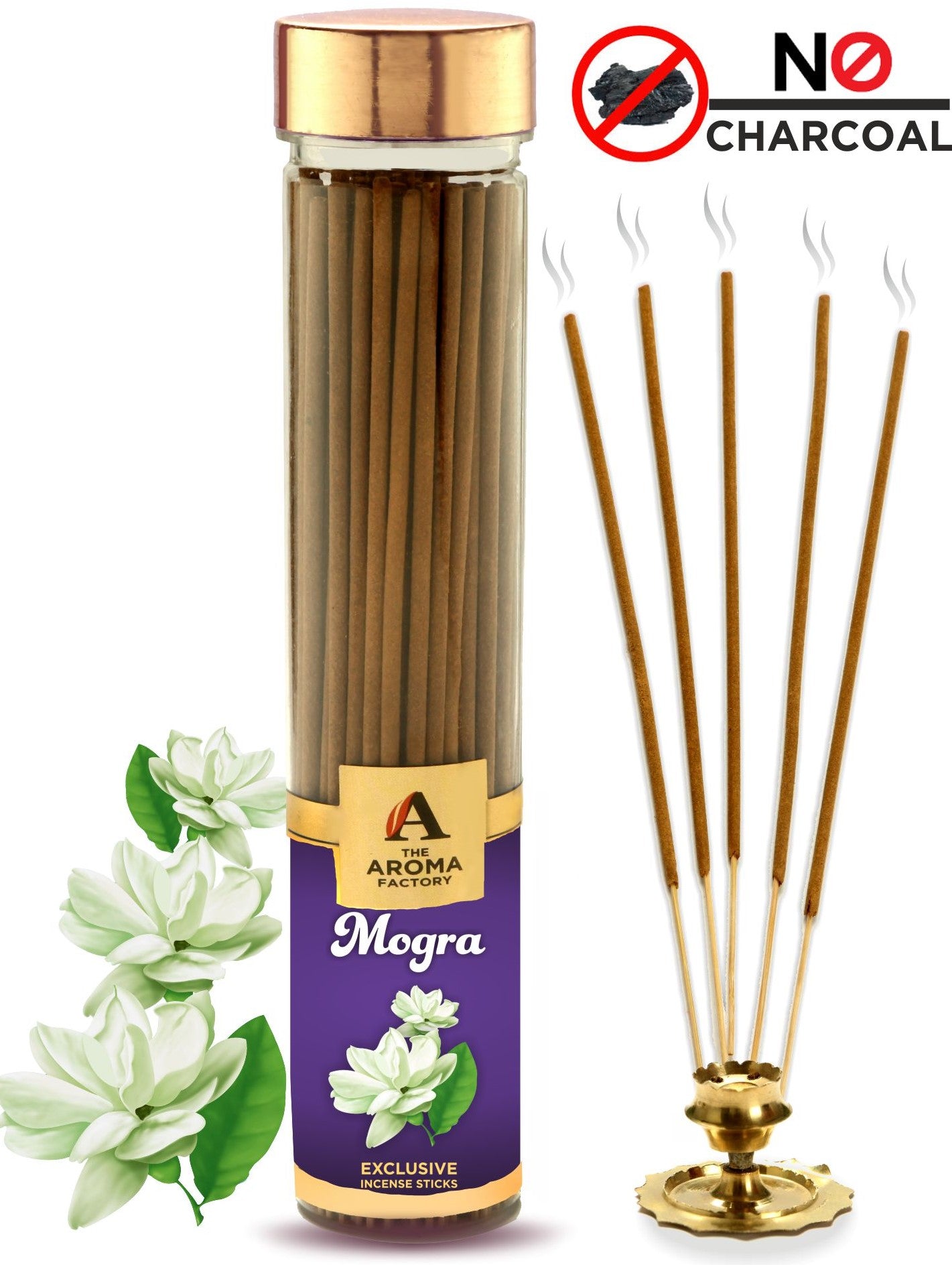 The Aroma Factory Mogra Incense Sticks Agarbatti (Charcoal Free & 100% Herbal) Bottle, 100g