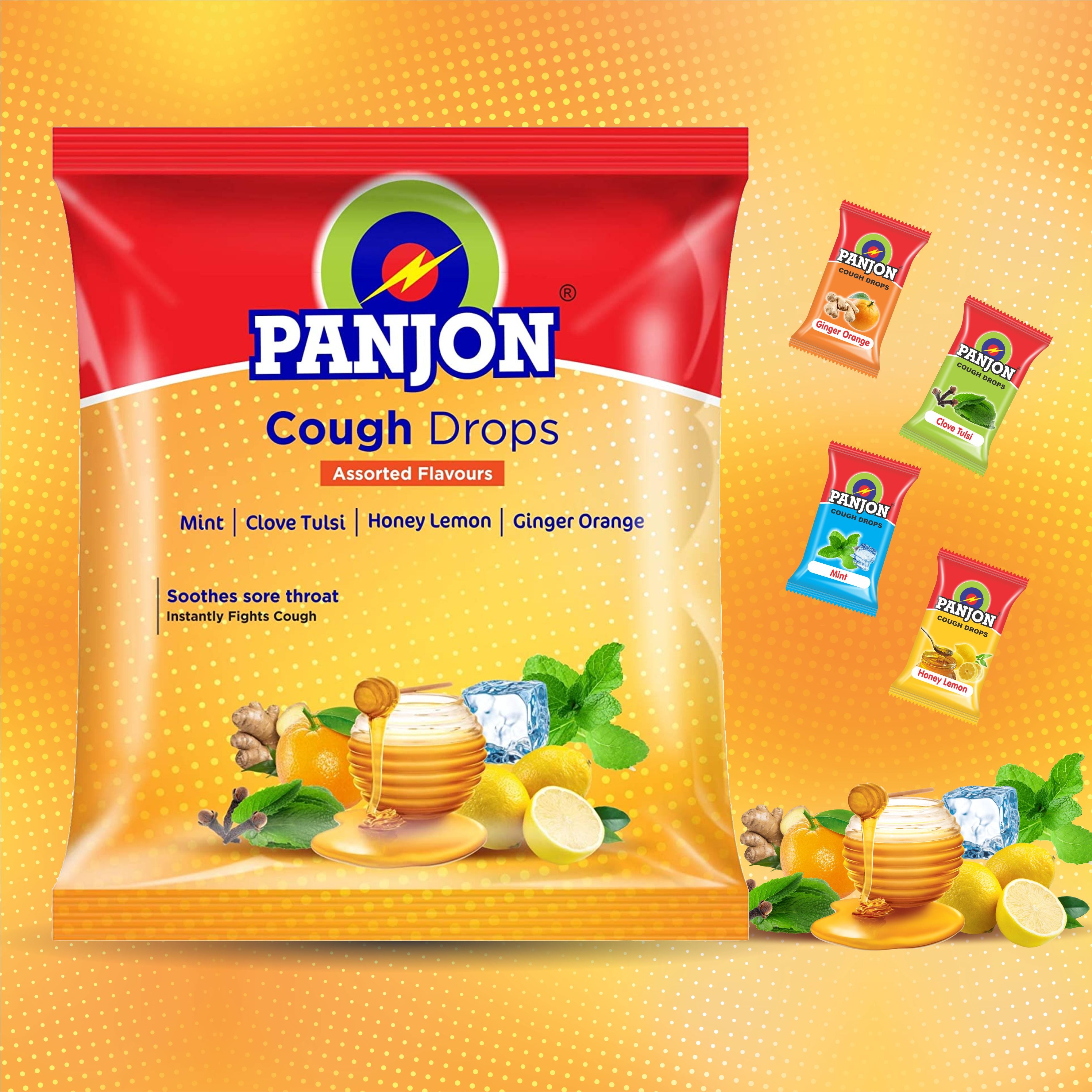 Panjon Cough Drops, Assorted Flavours Mint, Clove Tulsi, Honey Lemon & Ginger Orange, (Pack of 200), 540g
