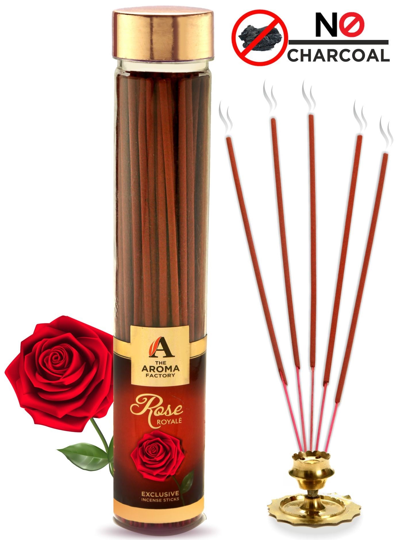 The Aroma Factory Rose Royal Incense Sticks Agarbatti (Charcoal Free & 100% Herbal) Bottle, 100g
