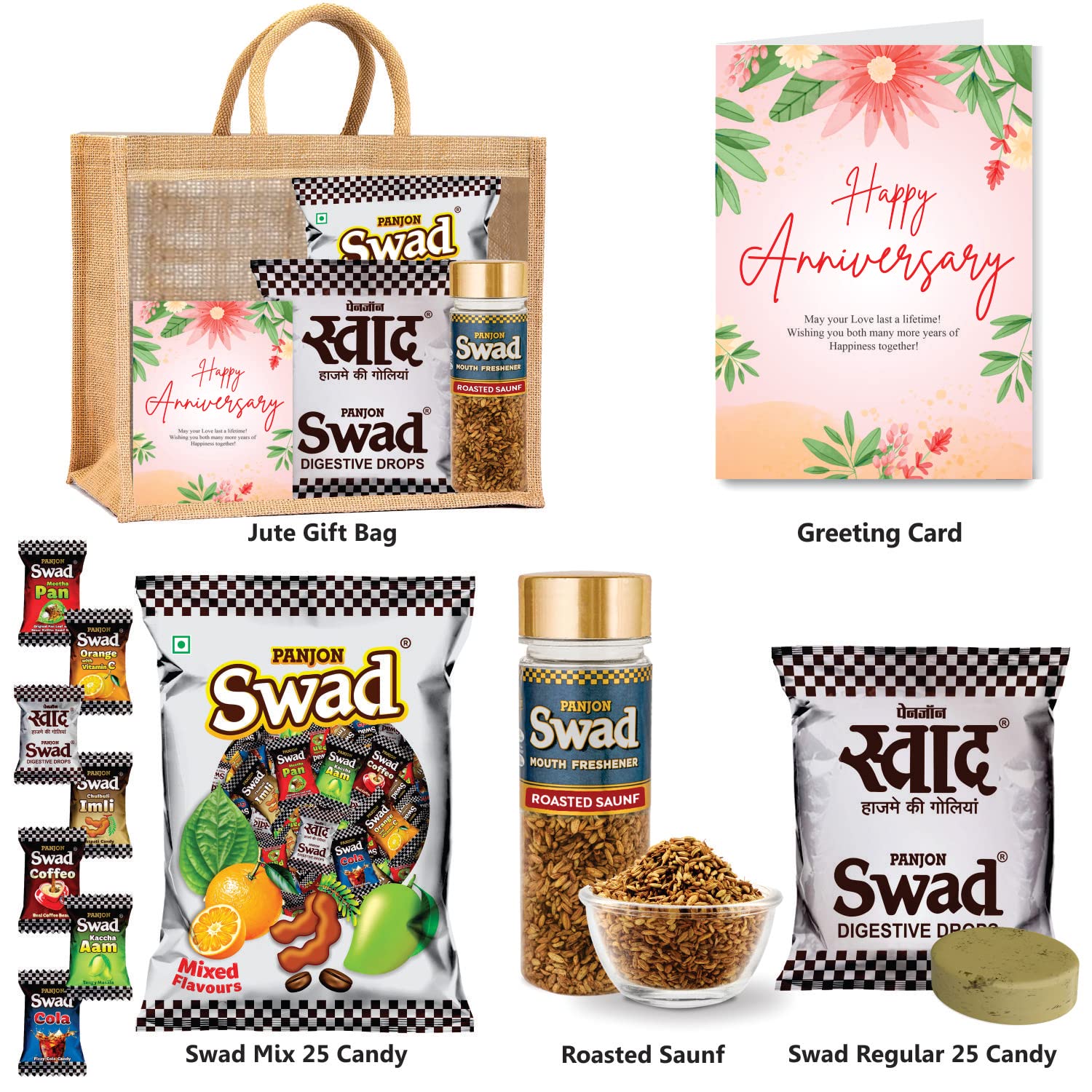 Swad Happy Anniversary Gift Hamper Set (Mixed Toffee & Rosted Saunf & Regular 25 Candies Packet Pachak Mukhwas Mouthfreshener, 25 Candy & 2 bottle) with Greeting Card & Jute Bag,Gift Item