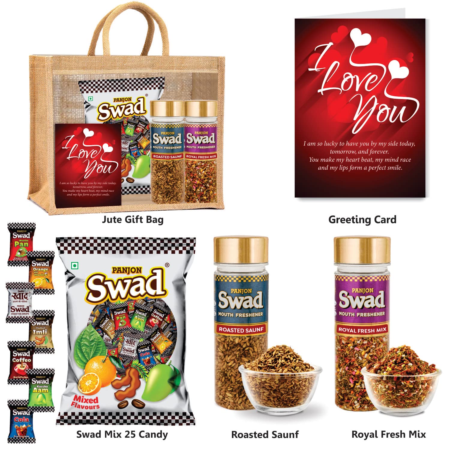 Swad I Love You Gift Hamper Set (Mixed Toffee & Rosted Saunf & Royal Fresh Mix Pachak Mukhwas Mouthfreshener, 25 Candy & 2 bottle) with Greeting Card & Jute Bag,Gift Item