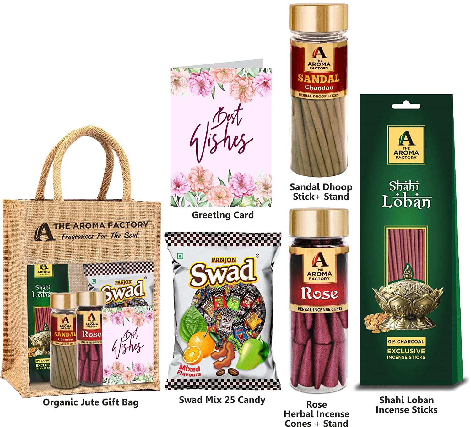 The Aroma Factory Best Wishes Gift Hamper Set (Swad Mix 25 Candy,Kesar Chandan Dhoopbatti, Rose Dhoopcone,Loban 30 Sticks Agarbatti Packets, Greeting Card, Jute Bag) Gift Item