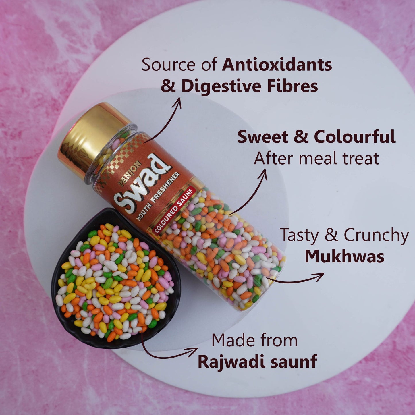 Panjon Swad Coloured Saunf Mouth Freshener (Sugar Coated Fennel Colorful Mukhwas) 1 bottle, 180g
