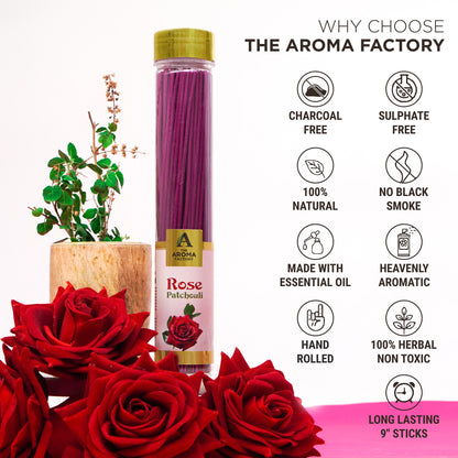 The Aroma Factory Rose & Patchouli Incense Stick (0% Charcoal 0% Sulphates) Organic & Herbal Agarbatti Bottle Pack, 100G