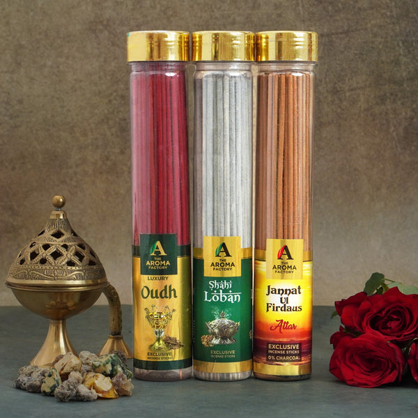 The Aroma Factory Oudh,Loban & Attar Jannat Agarbatti for Pooja, Luxury Incense Sticks,100% Herbal Fragrance Agarbathi, 0% Surphates (Bottle Pack of 3x100g)