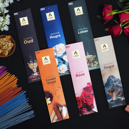 The Aroma Factory Premium Incense Sticks for Pooja | Set of 6 Fragrances Gift Pack (Oud, Mogra, Loban, Sandalwood, Rose, Gugal) 120 Agarbatti (6 x 20 Sticks Each)