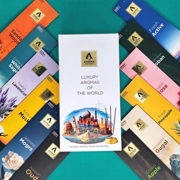 The Aroma Factory Natural Incense Sticks Combo Gift Set with 12 Exotic Agarbatti Fragrances [Artisinal Collection Luxury Aromas of The World] 240 gm