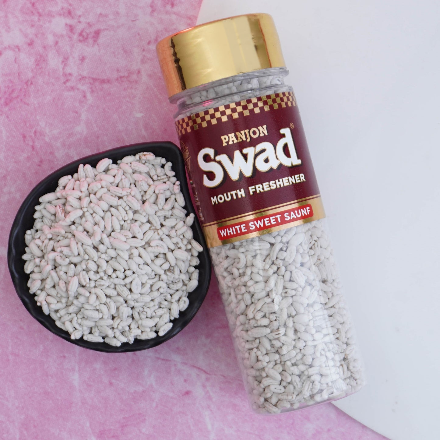 Panjon Swad White Sweet Saunf Mouth Freshener (Madrasi Mint Sugar Coated Fennel Mukhwas) 1 Bottle, 120g