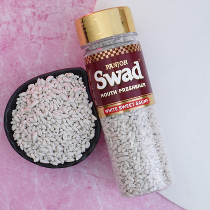 Panjon Swad White Sweet Saunf Mouth Freshener (Madrasi Mint Sugar Coated Fennel Mukhwas) 1 Bottle, 120g