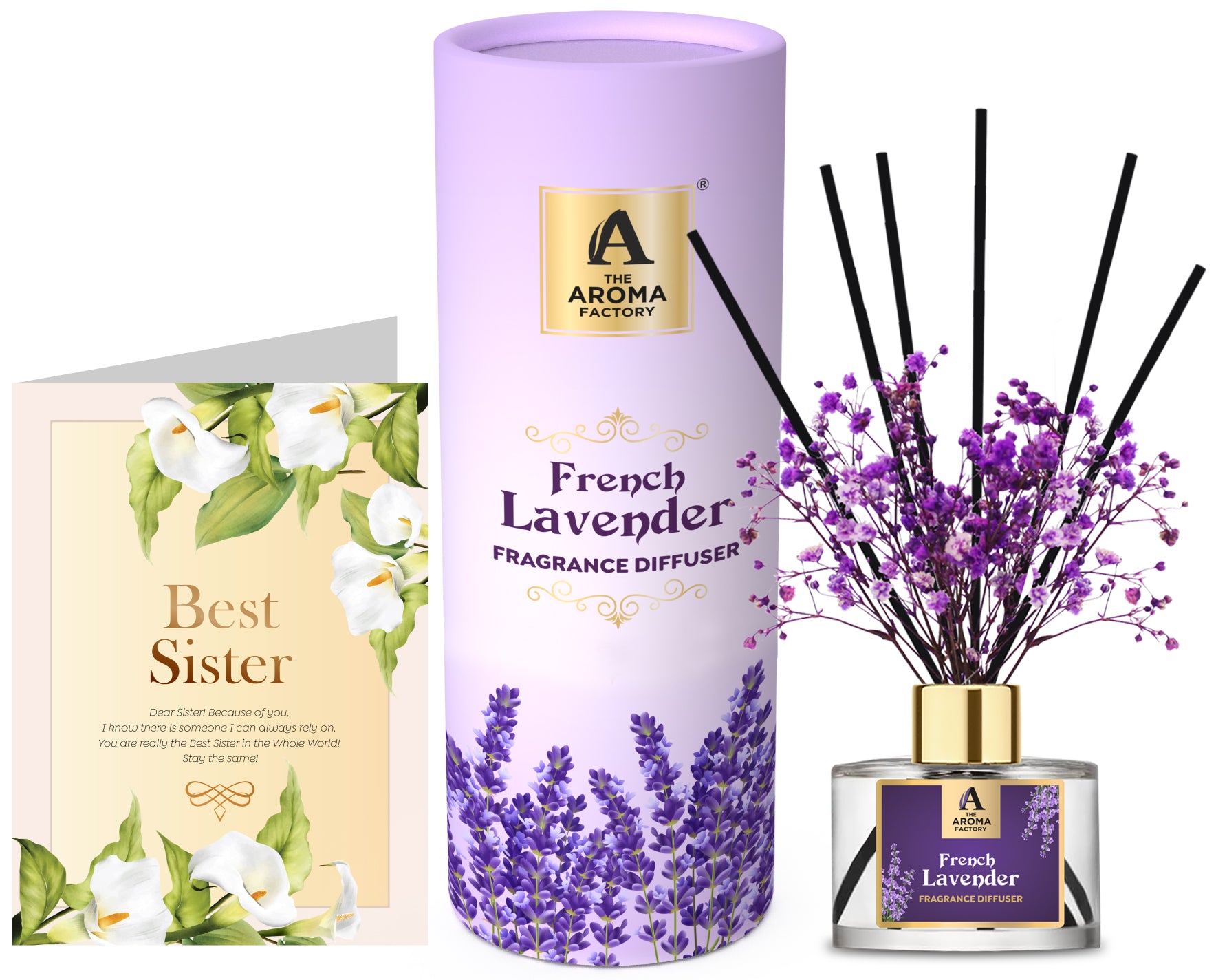 The Aroma Factory Happy Sisters Day Greeting Card & Fragrance Reed Diffuser Gift Set, French Lavender (1 Box + 1 Card)