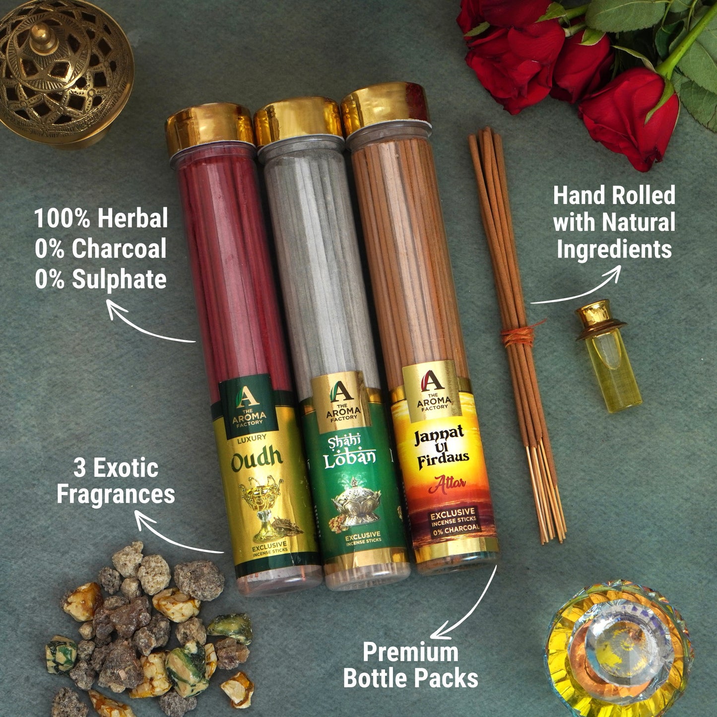 The Aroma Factory Oudh,Loban & Attar Jannat Agarbatti for Pooja, Luxury Incense Sticks,100% Herbal Fragrance Agarbathi, 0% Surphates (Bottle Pack of 3x100g)