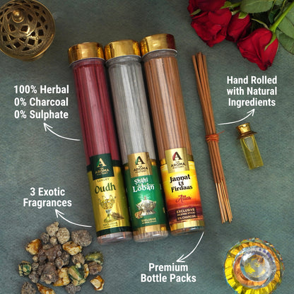 The Aroma Factory Oudh,Loban & Attar Jannat Agarbatti for Pooja, Luxury Incense Sticks,100% Herbal Fragrance Agarbathi, 0% Surphates (Bottle Pack of 3x100g)