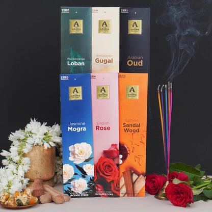 The Aroma Factory Premium Incense Sticks for Pooja | Set of 6 Fragrances Gift Pack (Oud, Mogra, Loban, Sandalwood, Rose, Gugal) 120 Agarbatti (6 x 20 Sticks Each)
