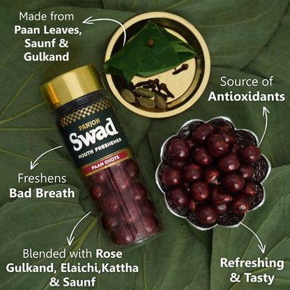 Panjon Swad Paan Shots (Instant Pan Candy Mouthfreshener Mukhwas) Real Pan Toffee Balls, 1 Bottle