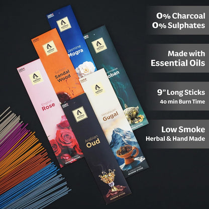 The Aroma Factory Premium Incense Sticks for Pooja | Set of 6 Fragrances Gift Pack (Oud, Mogra, Loban, Sandalwood, Rose, Gugal) 120 Agarbatti (6 x 20 Sticks Each)