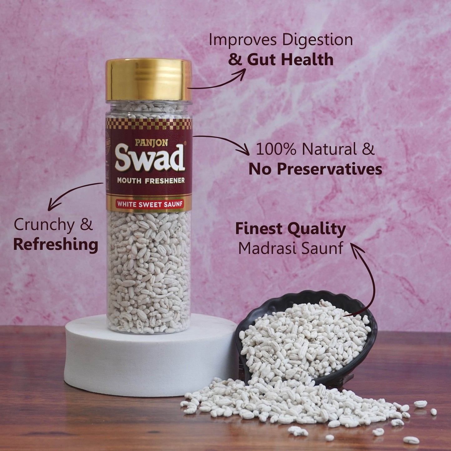 Panjon Swad White Sweet Saunf Mouth Freshener (Madrasi Mint Sugar Coated Fennel Mukhwas) 1 Bottle, 120g