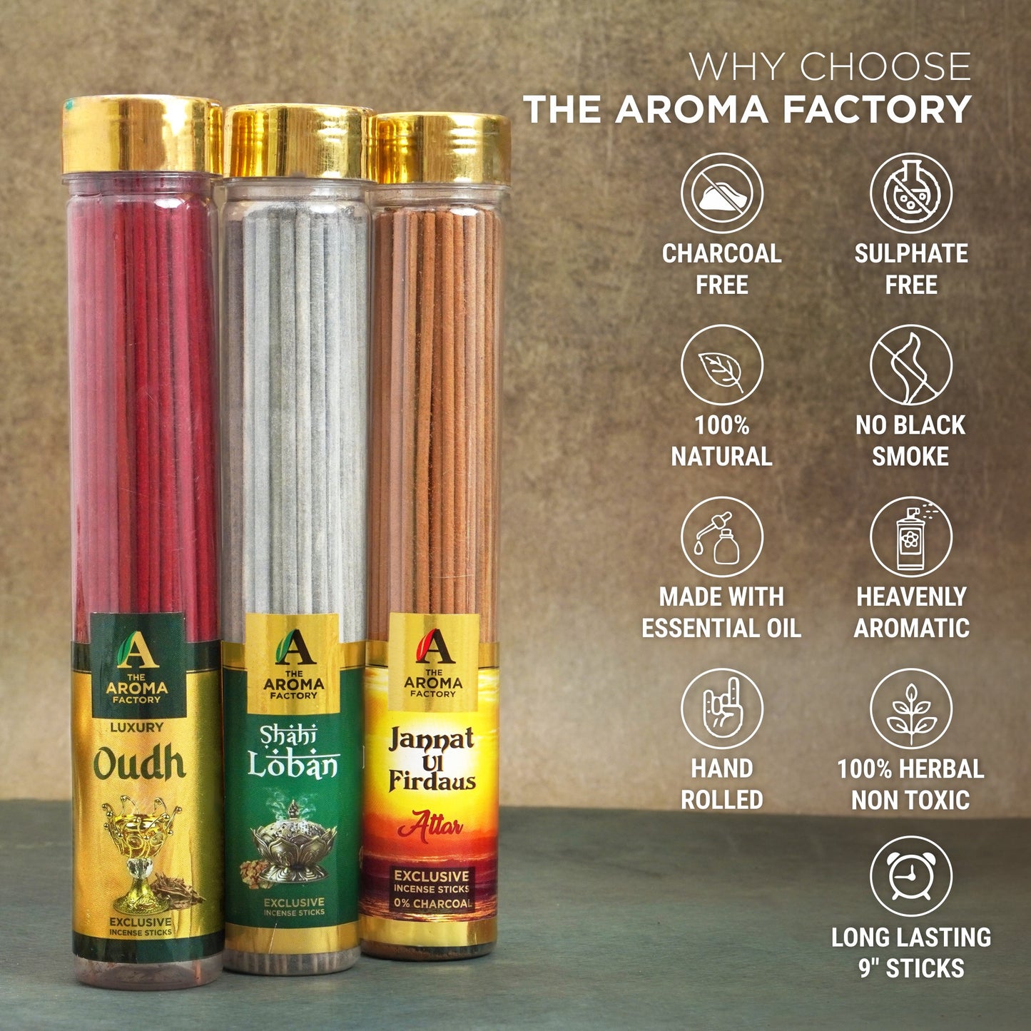 The Aroma Factory Oudh,Loban & Attar Jannat Agarbatti for Pooja, Luxury Incense Sticks,100% Herbal Fragrance Agarbathi, 0% Surphates (Bottle Pack of 3x100g)