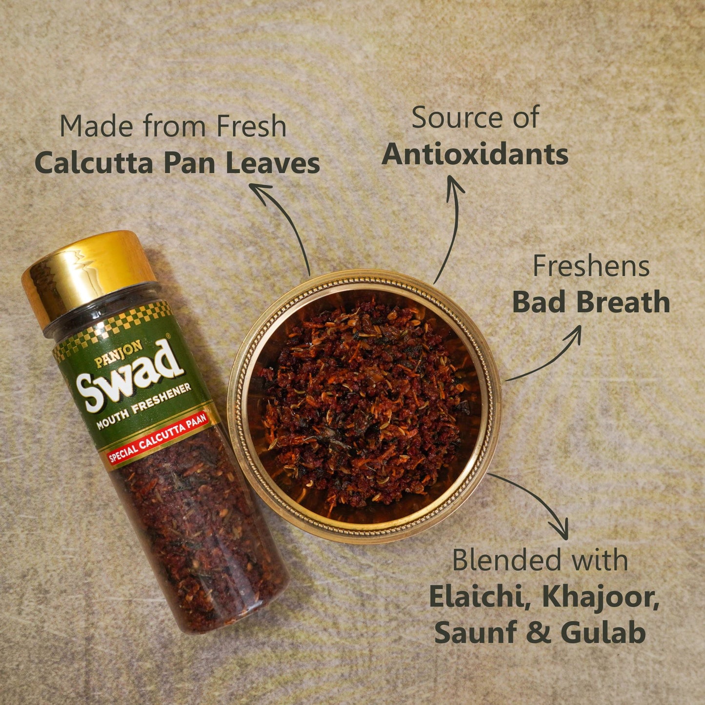 Panjon Swad Calcutta Paan Mouth Freshener (Digestive Pan Mukhwas) 1 bottle, 100g