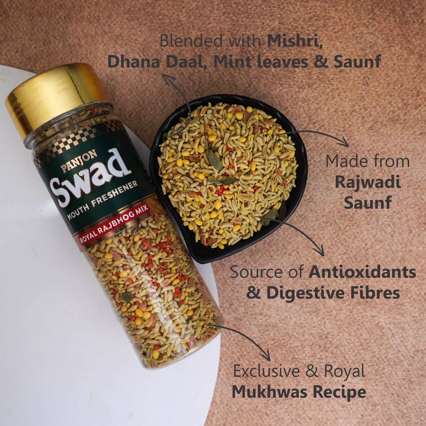 Swad Royal Rajbhog Mix Mouth Freshener (Crunchy Saunf, Dhana Dal, Mishri Digestive Mukhwas) 1 bottle, 145g