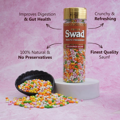 Panjon Swad Coloured Saunf Mouth Freshener (Sugar Coated Fennel Colorful Mukhwas) 1 bottle, 180g