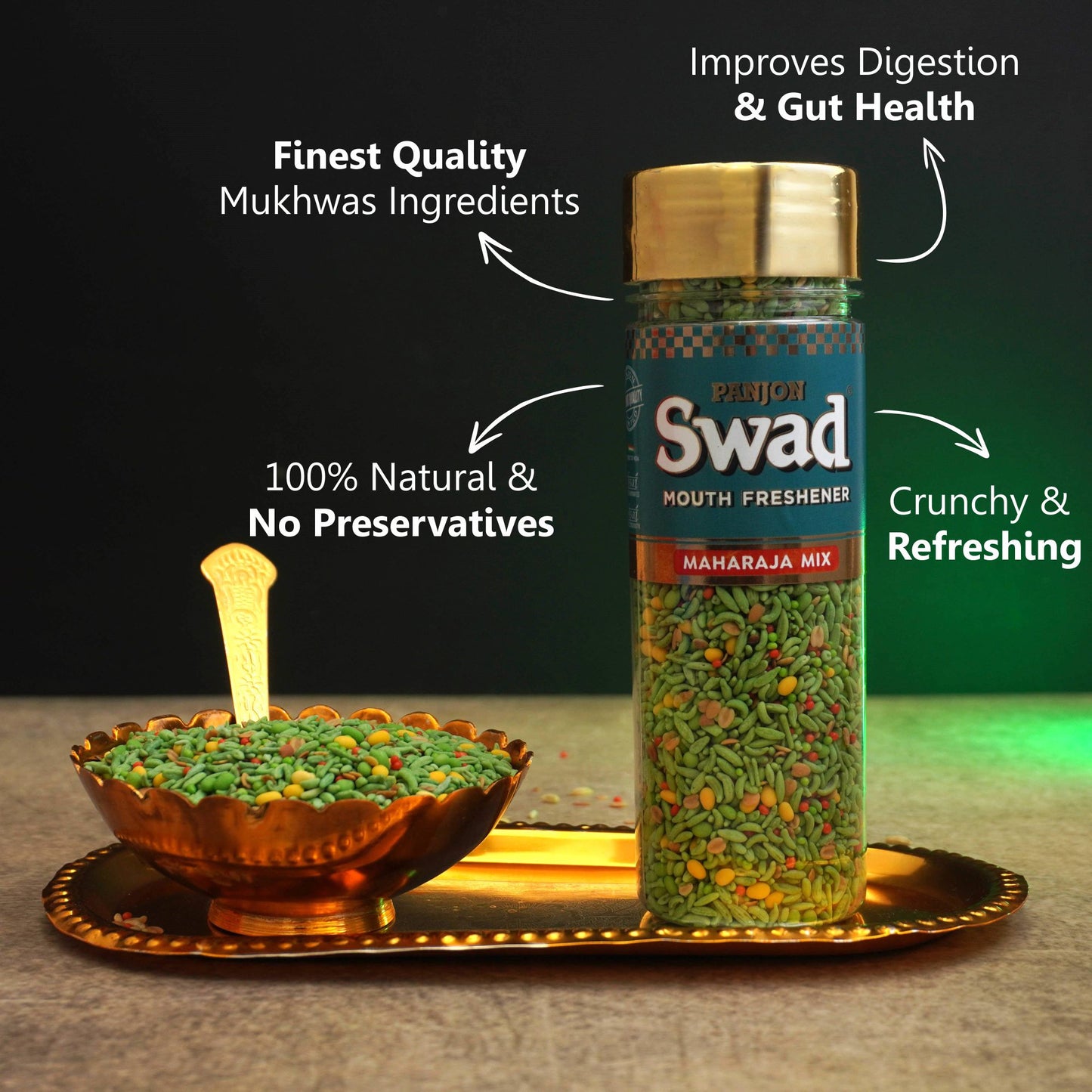 Panjon Swad Maharaja Mix Mouth Freshener (Crunchy Saunf & Digestive Dal Mishri Mix Mukhwas) 1 bottle, 145g (