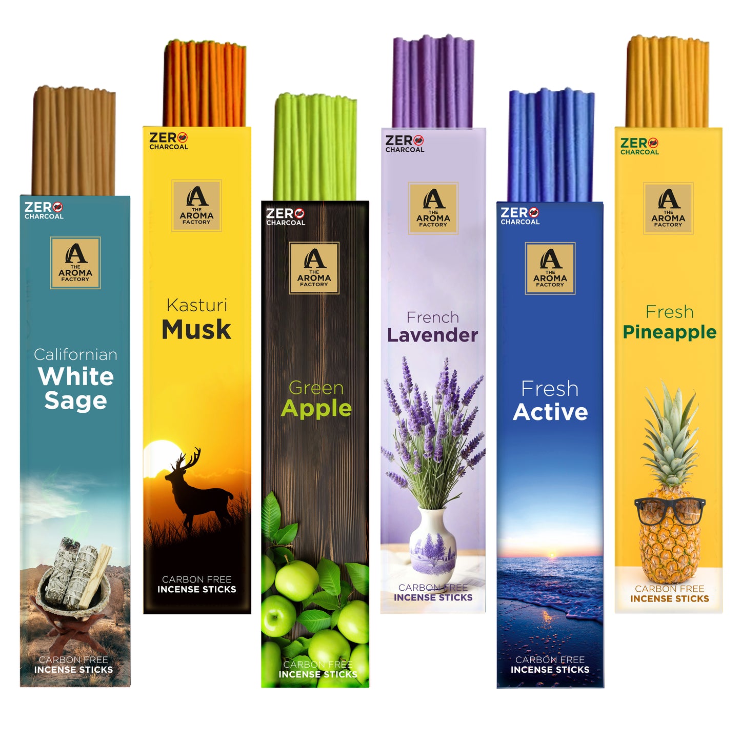 The Aroma Factory Premium Incense Sticks for Pooja | Set of 6 Fragrances Gift Pack (Lavender, Musk, White Sage, Fresh, Apple) 120 Agarbatti (6 x 20 Sticks Each)