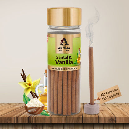 The Aroma Factory Santal & Vanilla Dhoop Stick (0% Charcoal 0% Suphates) Herbal Incense Dhoopbatti Bottle Pack, 100 g