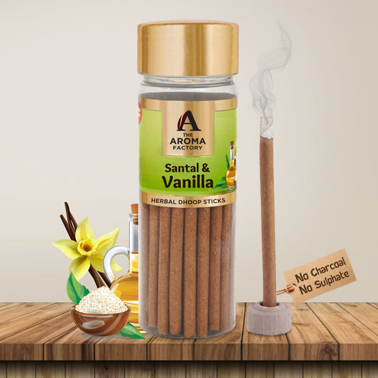 The Aroma Factory Santal & Vanilla Dhoop Stick (0% Charcoal 0% Suphates) Herbal Incense Dhoopbatti Bottle Pack, 100 g