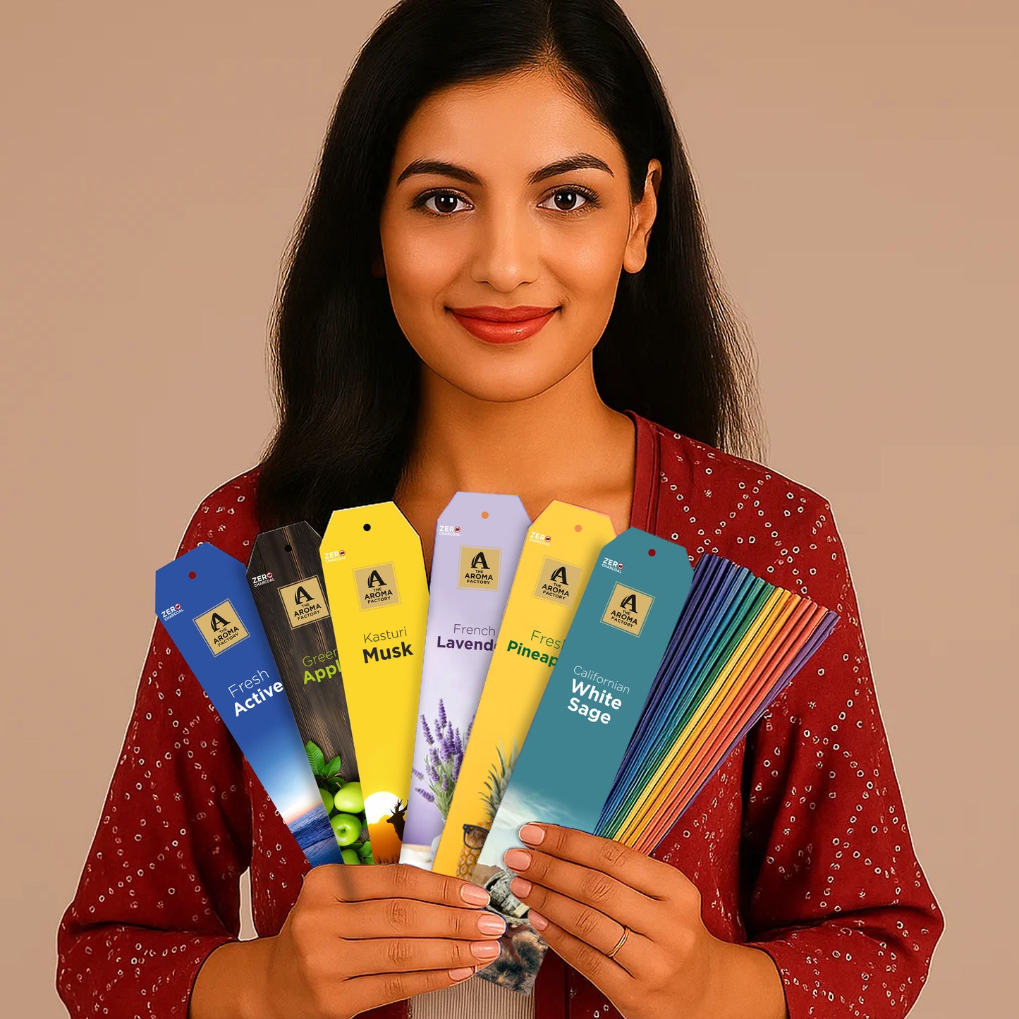 The Aroma Factory Premium Incense Sticks for Pooja | Set of 6 Fragrances Gift Pack (Lavender, Musk, White Sage, Fresh, Apple) 120 Agarbatti (6 x 20 Sticks Each)