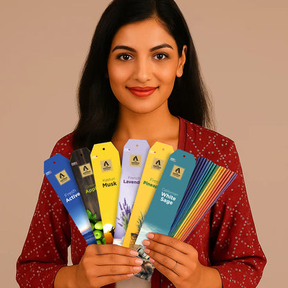 The Aroma Factory Premium Incense Sticks for Pooja | Set of 6 Fragrances Gift Pack (Lavender, Musk, White Sage, Fresh, Apple) 120 Agarbatti (6 x 20 Sticks Each)