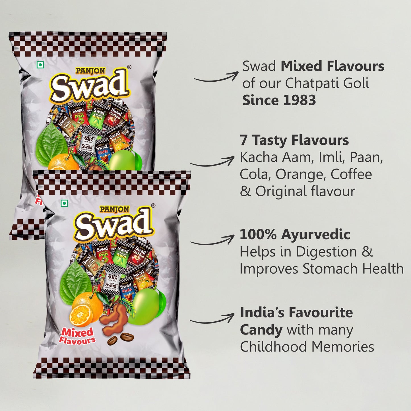 Swad Mixed Candy (Original, Kaccha Mango, Imli, Pan, Coffee, Cola, Orange) Mix Flavours,3 x 50 Toffee, 3 Packets Pouch
