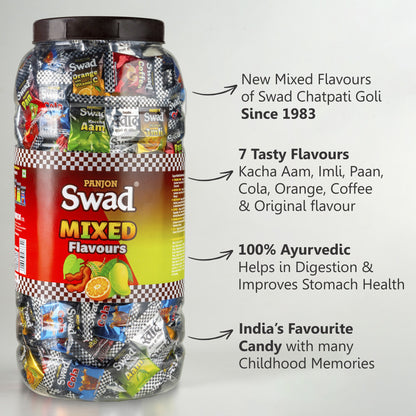 Swad Mixed Candy (Original, Kaccha Mango, Imli, Pan, Coffee, Cola, Orange) Mix Flavours, 300 Candies Jar